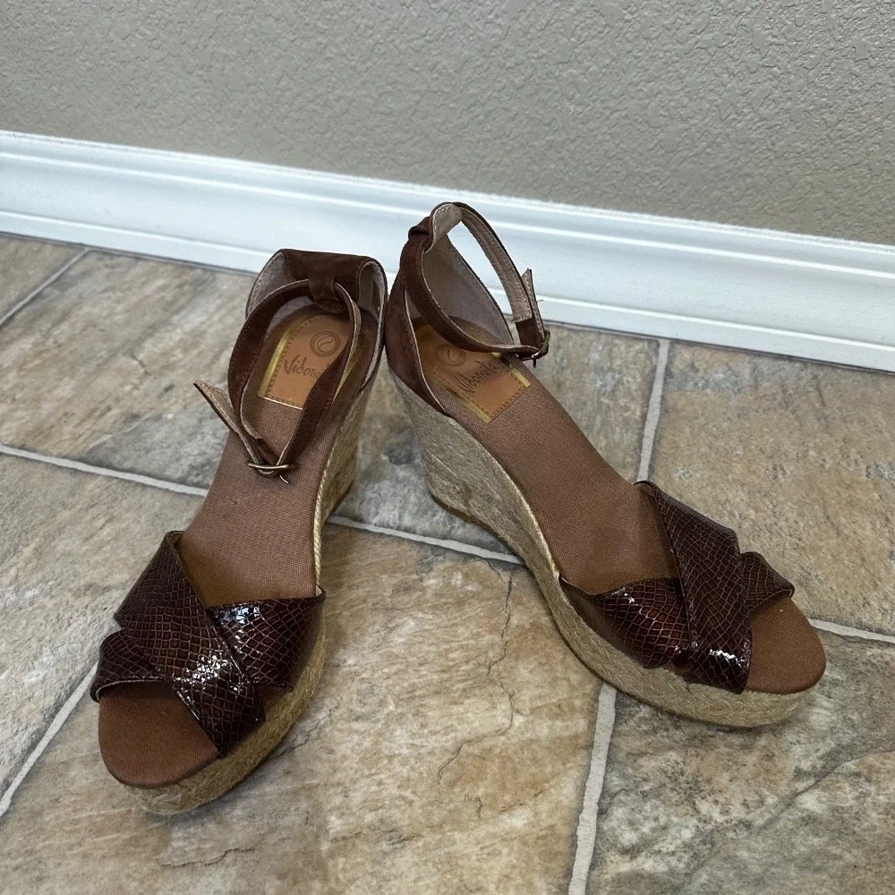 Nisolo Espadrille Wedge Sandals Ankle Strap Brown Snake‎ Print Size 7